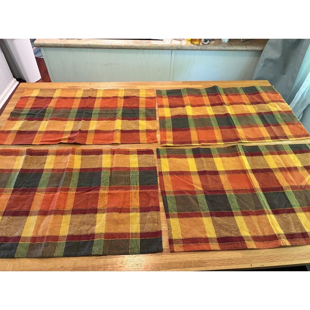 SET/4 Farmhouse Autumn Plaid Placemats 25" ORANGE/Plum/Gold Thread, Green